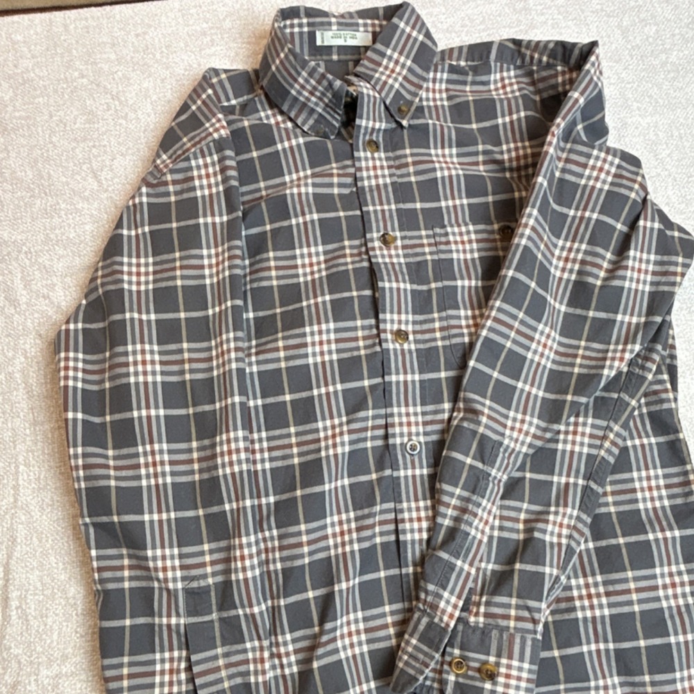 Orvis Plaid Button-Down Shirt‎ Men's S Gray Brown White 100% Cotton Long Sleeve
